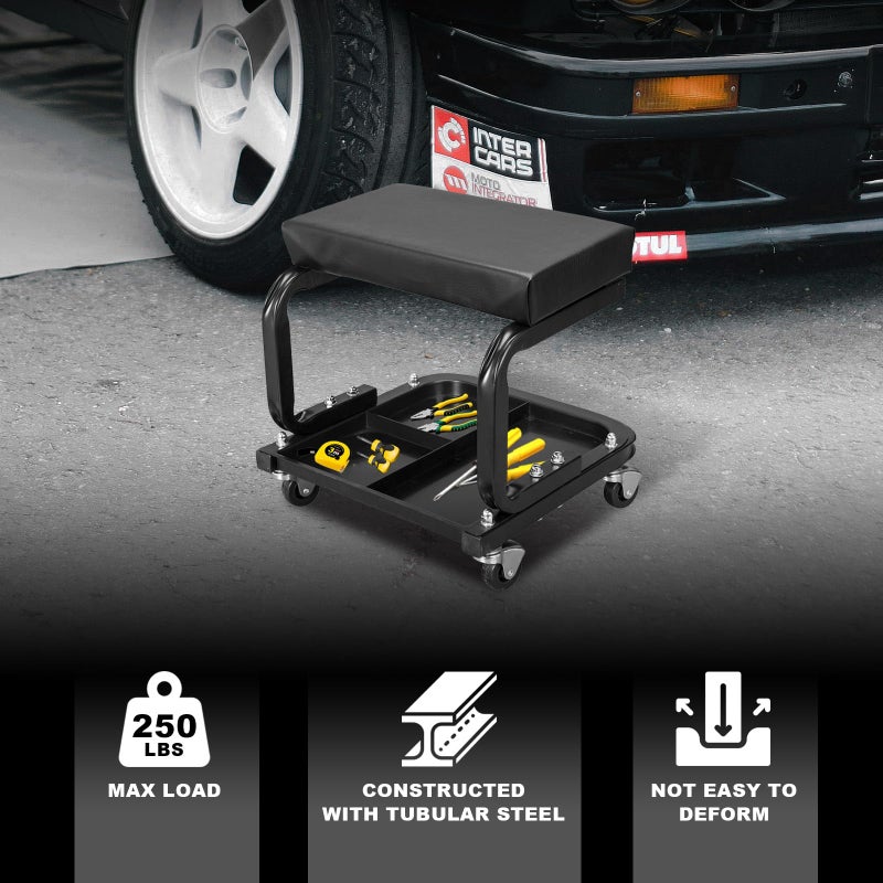 Torin ATR6300B Rolling Creeper Garage/Shop Seat: Padded Mechanic Stool with Tool Tray Storage, Black Large - Image 2